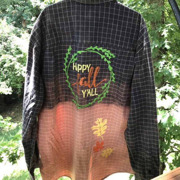 Bleached Flannel Painted Shirt, Size Medium: Upcycled, Autumn Theme Fall Leaves - Picture 8 of 13